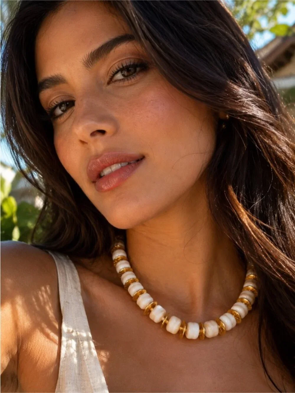 Cream and Gold Marble Resin Bead Necklace